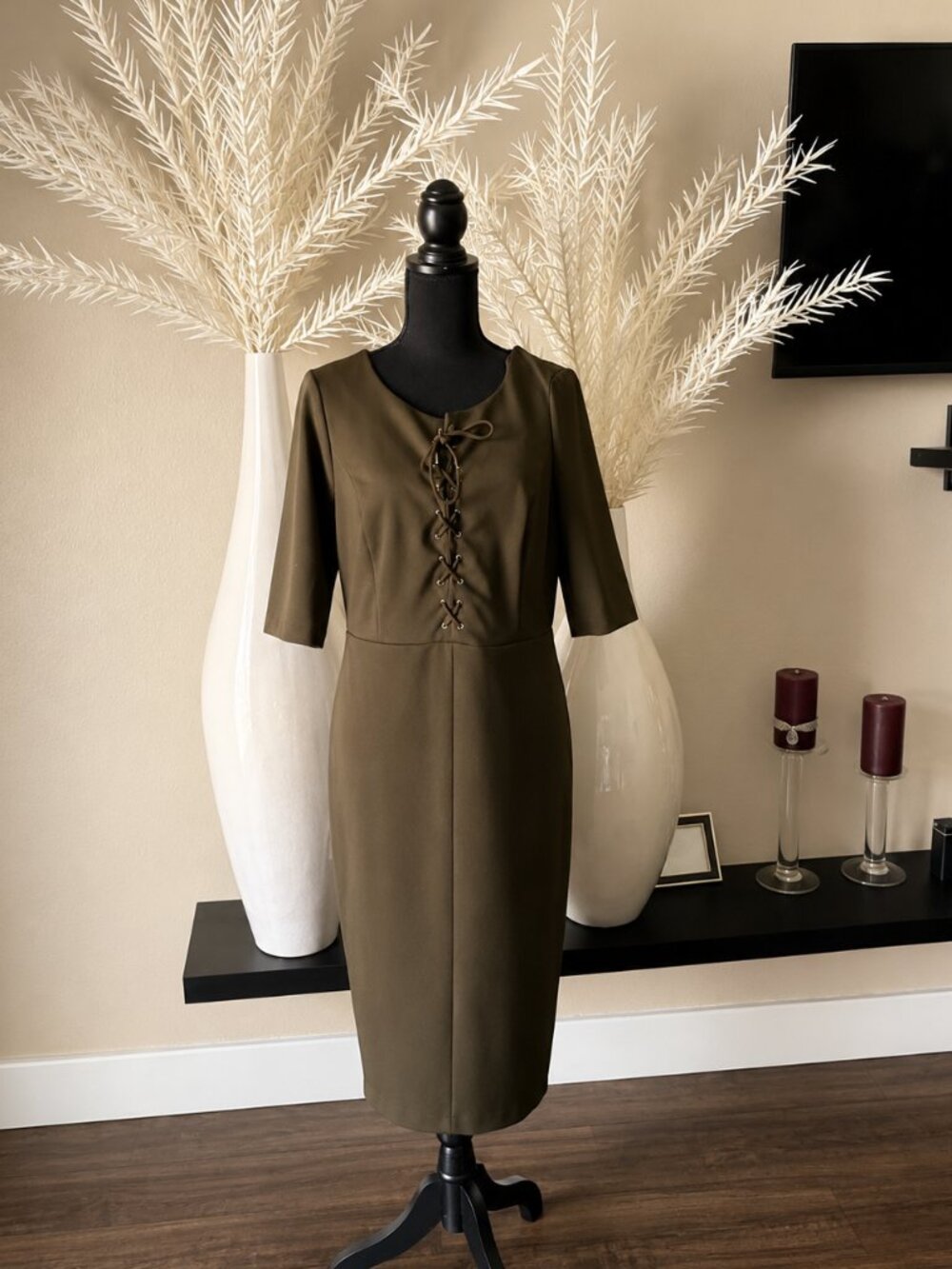 ECI Olive Brown Lace-Up Midi Dress Size Large 3/4 Sleeve
